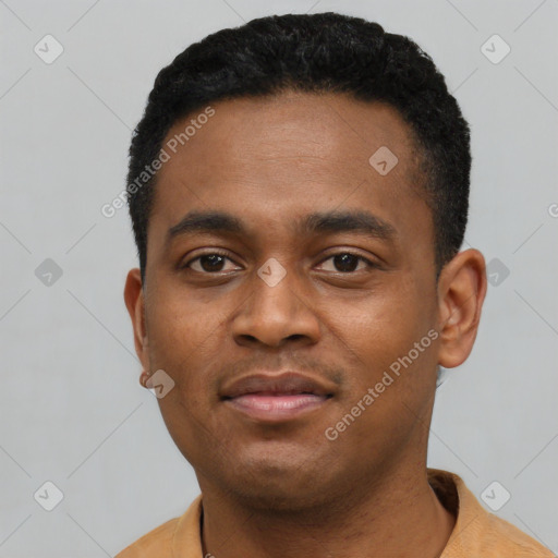 Neutral black young-adult male with short  black hair and brown eyes