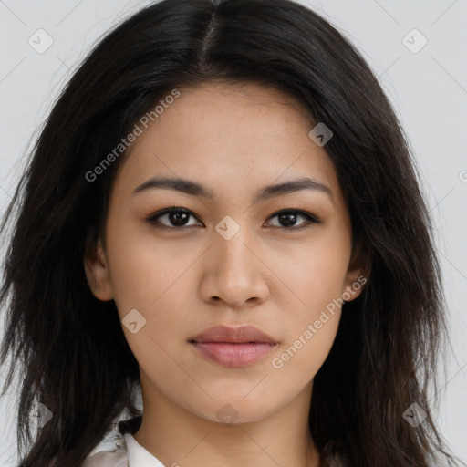 Joyful latino young-adult female with long  brown hair and brown eyes