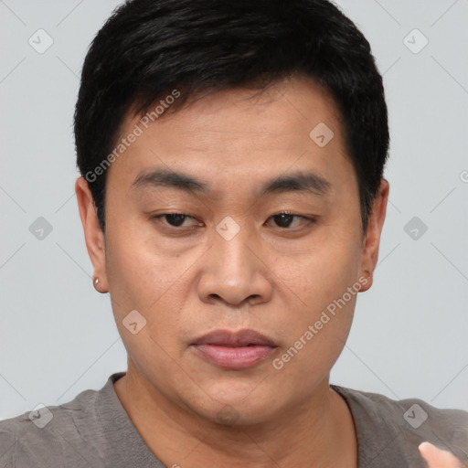 Neutral asian young-adult male with short  black hair and brown eyes