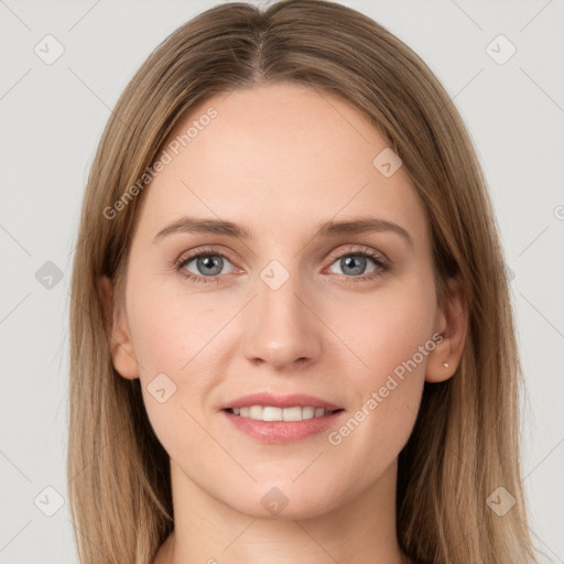 Joyful white young-adult female with long  brown hair and grey eyes