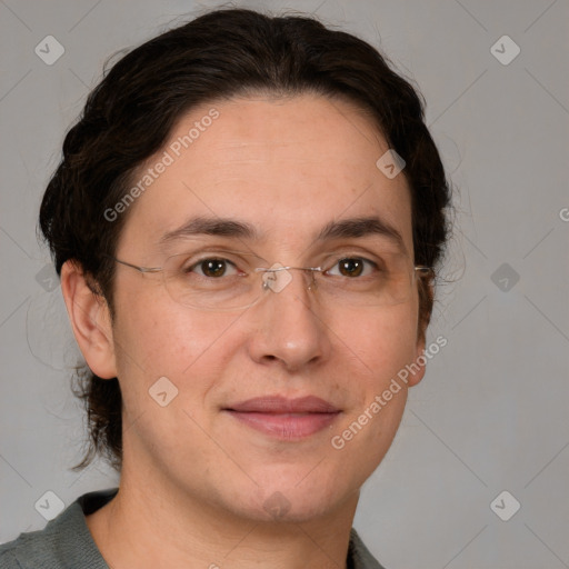 Joyful white adult female with short  brown hair and brown eyes