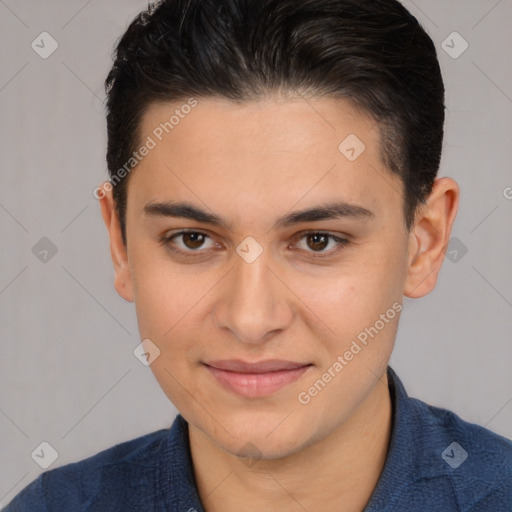 Joyful white young-adult female with short  brown hair and brown eyes