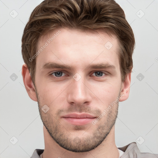 Neutral white young-adult male with short  brown hair and grey eyes