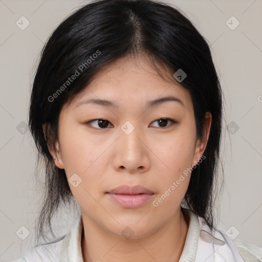 Neutral asian young-adult female with medium  brown hair and brown eyes