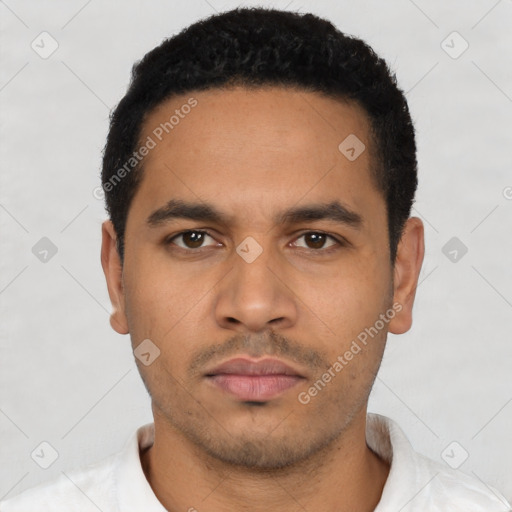 Neutral latino young-adult male with short  black hair and brown eyes