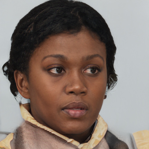 Neutral black young-adult female with short  brown hair and brown eyes