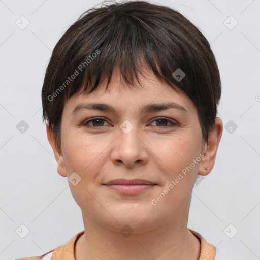 Joyful white young-adult female with short  brown hair and brown eyes