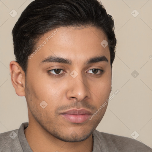 Neutral latino young-adult male with short  brown hair and brown eyes