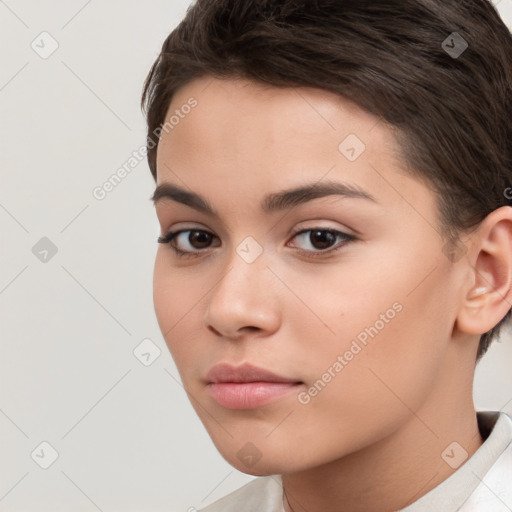 Neutral white young-adult female with short  brown hair and brown eyes