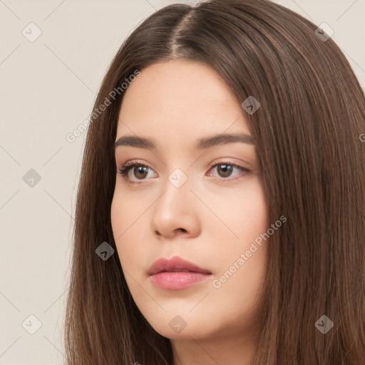 Neutral white young-adult female with long  brown hair and brown eyes