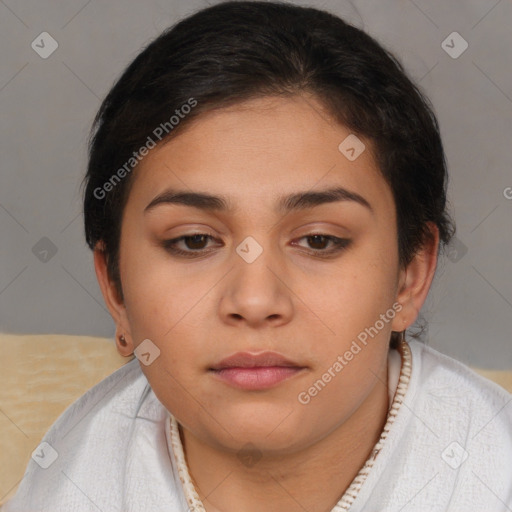 Neutral white young-adult female with short  brown hair and brown eyes