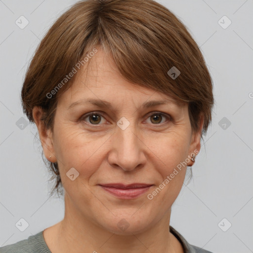 Joyful white adult female with medium  brown hair and brown eyes