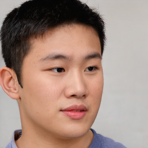 Neutral asian young-adult male with short  brown hair and brown eyes