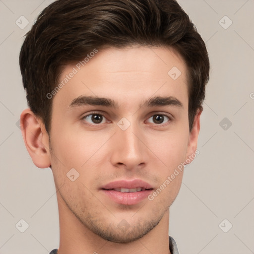 Neutral white young-adult male with short  brown hair and brown eyes