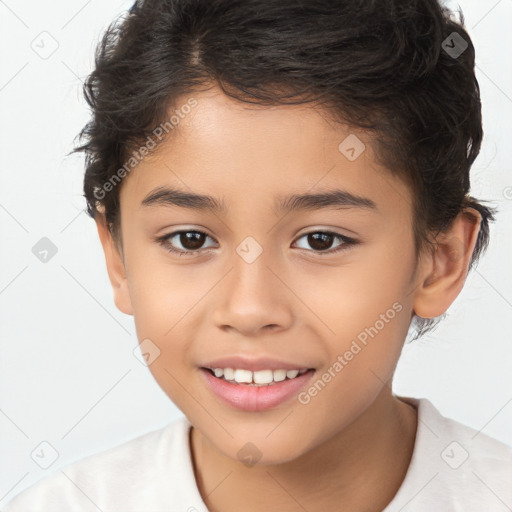 Joyful white child female with short  brown hair and brown eyes