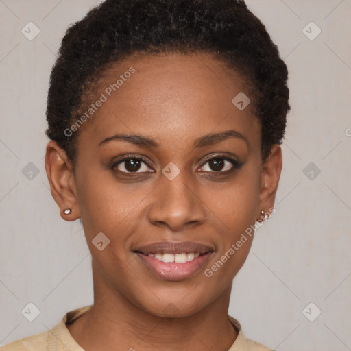 Joyful black young-adult female with short  brown hair and brown eyes