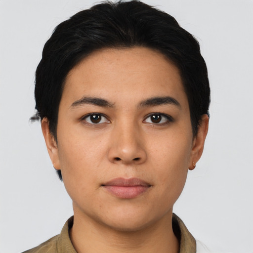 Neutral asian young-adult female with short  black hair and brown eyes