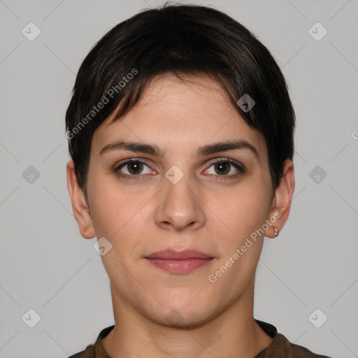 Joyful white young-adult female with short  brown hair and brown eyes