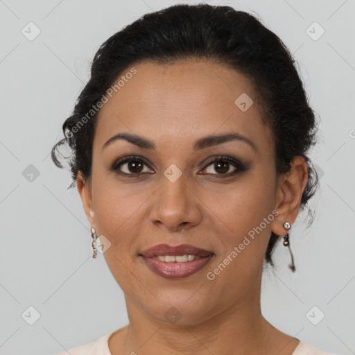 Joyful latino young-adult female with short  brown hair and brown eyes