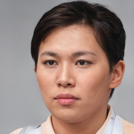 Neutral asian young-adult female with medium  brown hair and brown eyes