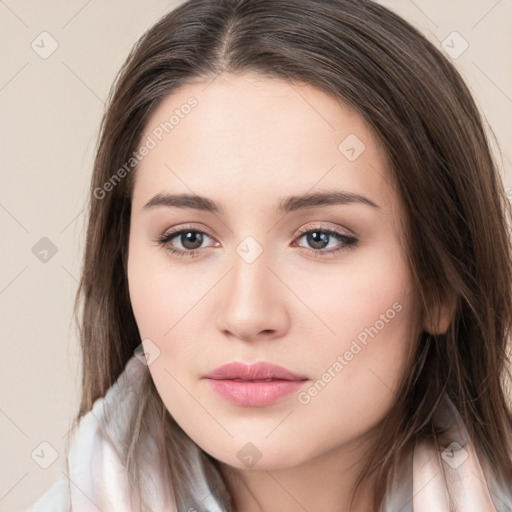 Neutral white young-adult female with long  brown hair and brown eyes