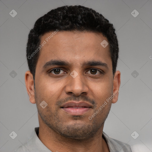 Neutral latino young-adult male with short  brown hair and brown eyes