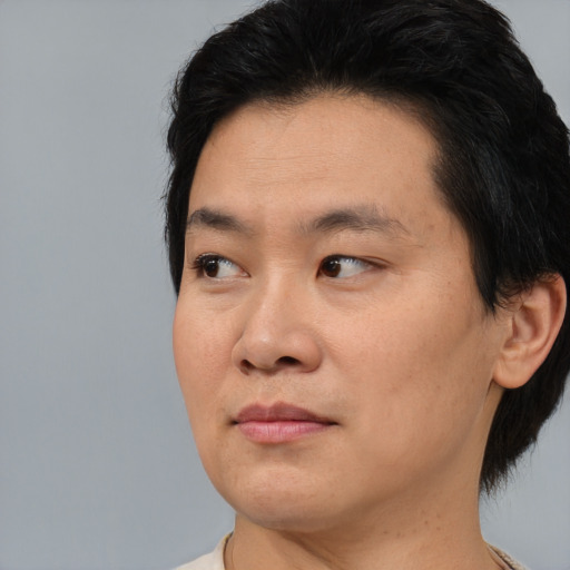 Neutral asian adult male with short  black hair and brown eyes