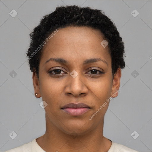 Joyful latino young-adult female with short  black hair and brown eyes