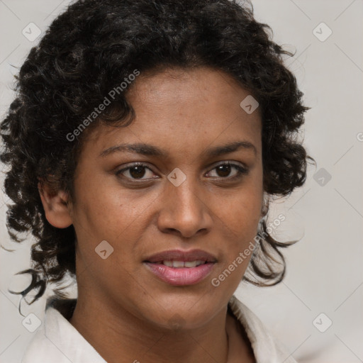 Joyful black young-adult female with medium  brown hair and brown eyes