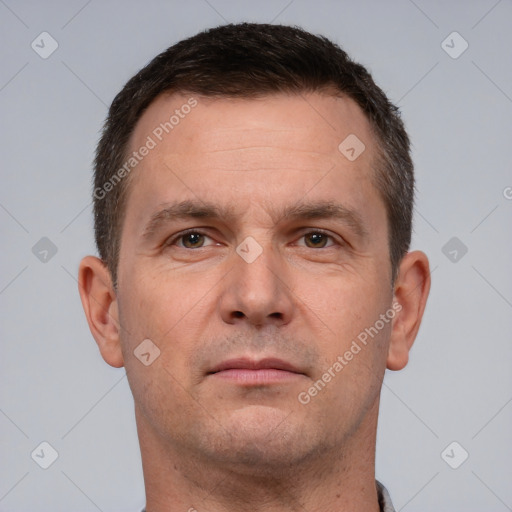 Neutral white adult male with short  brown hair and brown eyes