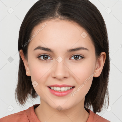 Joyful white young-adult female with medium  brown hair and brown eyes