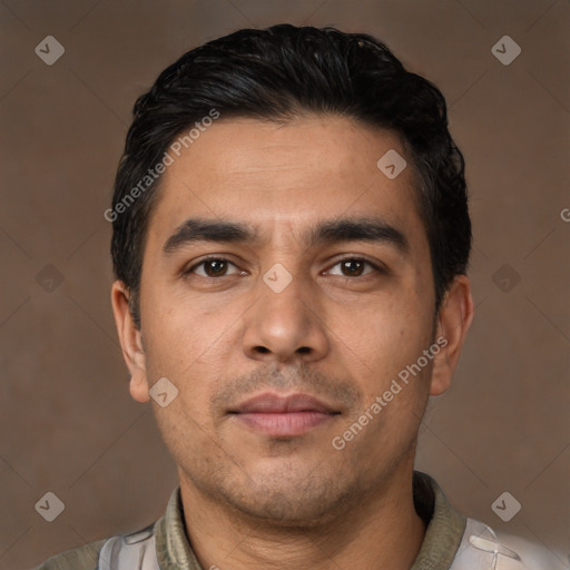 Neutral latino young-adult male with short  black hair and brown eyes