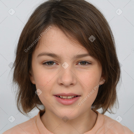 Joyful white child female with medium  brown hair and brown eyes