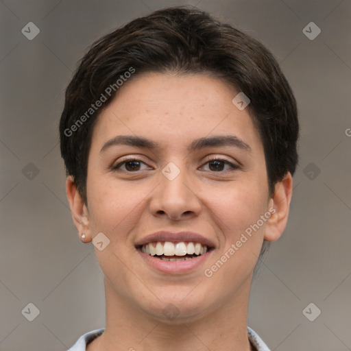 Joyful white young-adult female with short  brown hair and brown eyes