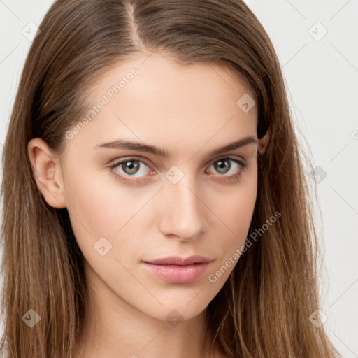 Neutral white young-adult female with long  brown hair and brown eyes