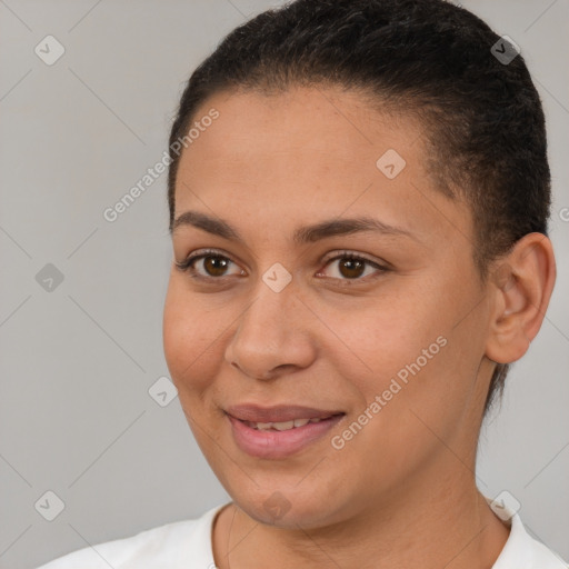 Joyful white young-adult female with short  brown hair and brown eyes