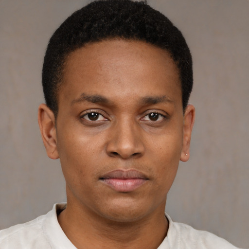 Neutral black young-adult male with short  brown hair and brown eyes