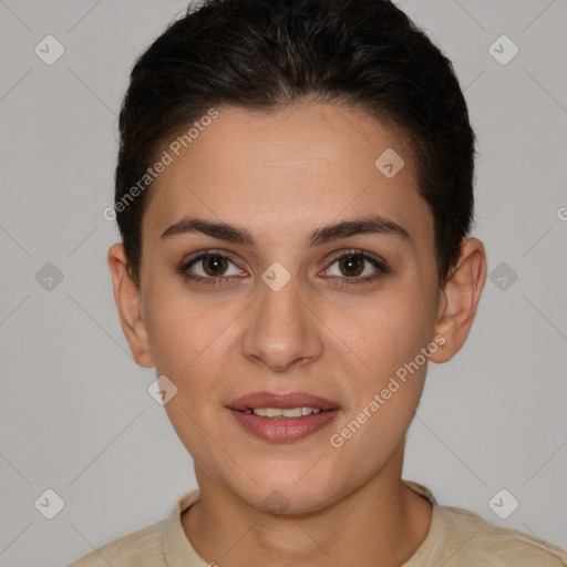 Joyful white young-adult female with short  brown hair and brown eyes