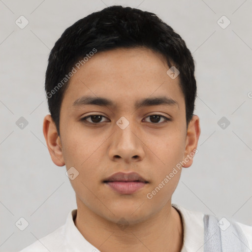 Neutral asian young-adult male with short  black hair and brown eyes