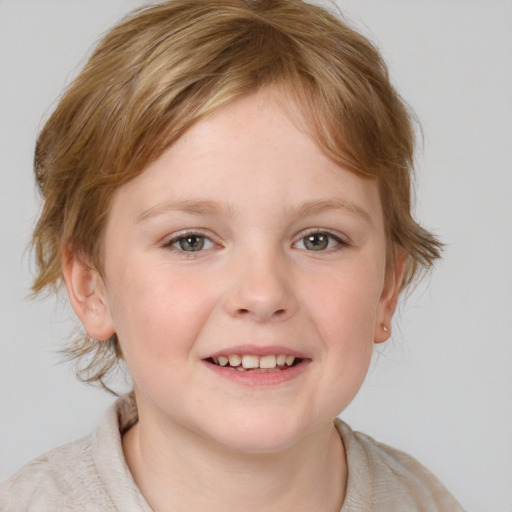 Joyful white child female with medium  brown hair and blue eyes