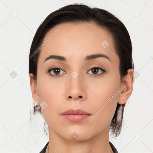 Neutral asian young-adult female with medium  brown hair and brown eyes