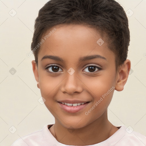 Joyful white child female with short  brown hair and brown eyes