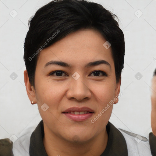 Joyful asian young-adult female with short  black hair and brown eyes