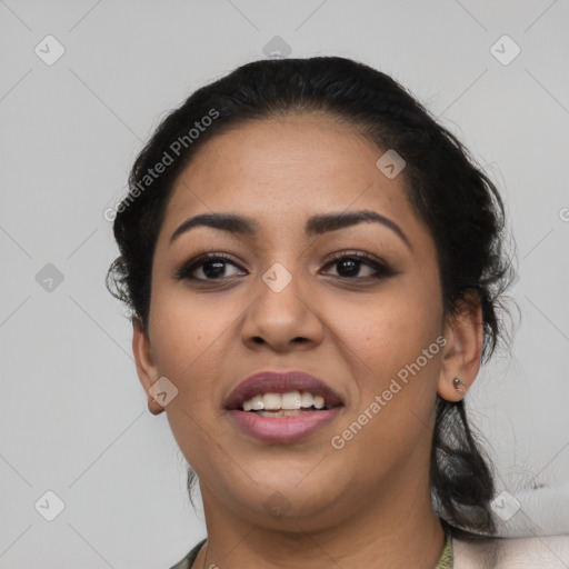 Joyful latino young-adult female with long  black hair and brown eyes