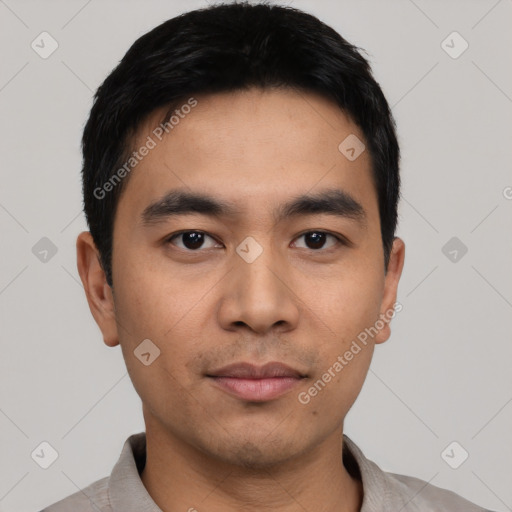 Neutral asian young-adult male with short  black hair and brown eyes