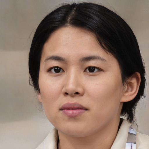 Neutral asian young-adult female with medium  brown hair and brown eyes