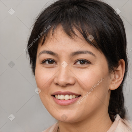 Joyful white young-adult female with medium  brown hair and brown eyes