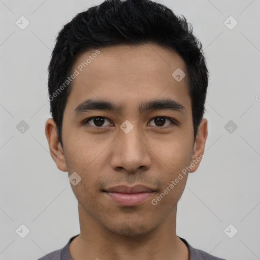 Neutral asian young-adult male with short  black hair and brown eyes