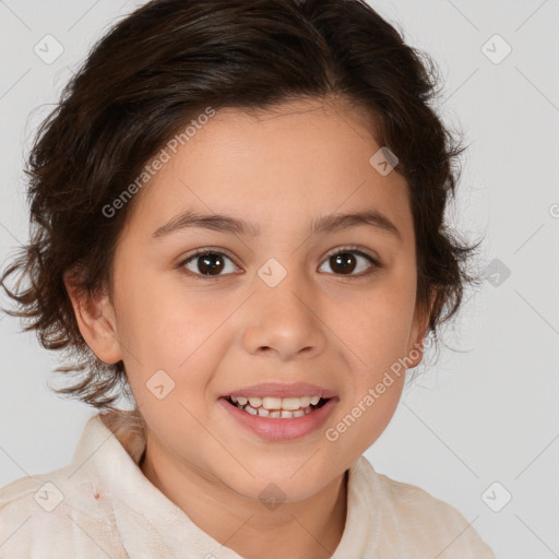 Joyful white child female with medium  brown hair and brown eyes