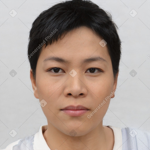 Neutral asian young-adult female with short  brown hair and brown eyes